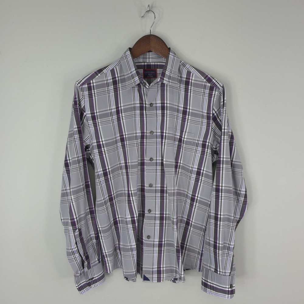 UNTUCKit Shirt Mens Medium Gray Purple Plaid Slim Fit Button Front Cotton